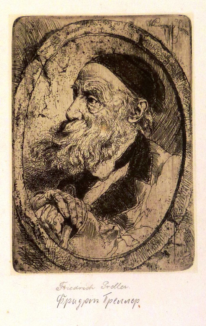 1881. Willem Linnig, „Portrait of Preller“. Belgium.: Approx. image size 18 x 13,5/41 x 29 cm.Etching, 1881.Willem Linnig, Junior „Portrait de Preller (Porträt Friedrich Prellers, Portrait of Friedrich Preller)“.