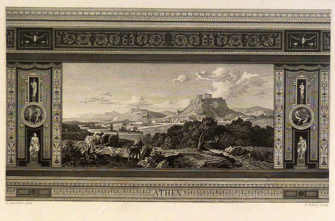 1870. Heinrich Gaertner „Athen“. Greece.: Print from steel engraving titled „Athen“.L. Schulz sculp.Approx. image size 23,5 x 14/41 x 28 cm.Heinrich Gaertner (1828 - 1909) Landscaper and portrait painter, born in Neu-Stretitz and died in 