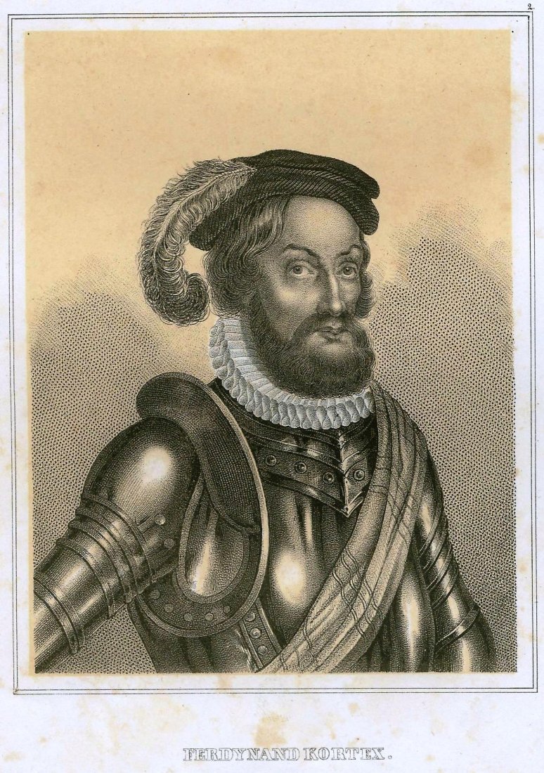 1850-1880, „FERDYNAND KORTEX“. SPAIN.: Lithography titled, „FERDYNAND KORTEX“. Approx. image size 13, 4 x 10, 3/23, 5 x 15, 1 cm.Hernán Cortés de Monroy y Pizarro, 1st was a Spanish Conquistador who led an expedition that caused the 