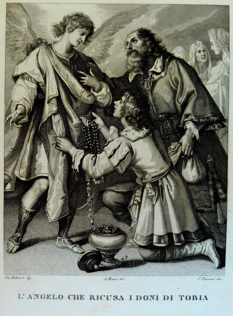 1842, Giovanni Biliverti „The angel“. Italy.: Steel engraving titled “ L‘angelo che ricusa i doni di Tobia ”. Artist Giovanni Bilivert.Drawn by A. Muzzi. Engraved by C. Ferreri.From “Galerie du Palais Pitti“, Chez Louis Bardi, Florence,