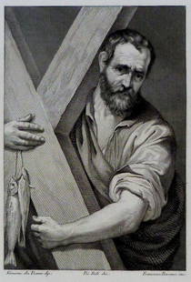 Simone da Pesaro. Saint Andrea. ITALY. 1842.: Print from steel engraving titled „S. Andrea“.Artist Simone da Pesaro also known as Simone Cantarini.Drawn by Pio Fedi.Engraved by Francesco Ravano.From “Galerie du Palais Pitti“, Chez Louis B