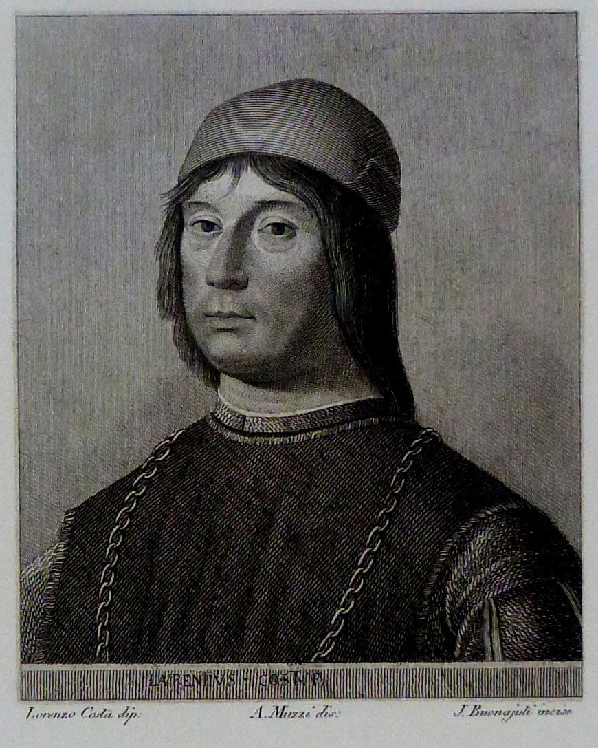 Lorenzo Costa. Portrait. ITALY. 1842.: Print from steel engraving titled „Ignoto“.Artist Lorenzo Costa.Drawn by A. Muzzi.Engraved by J. Buonajuti.From “Galerie du Palais Pitti“, Chez Louis Bardi, Florence, 1842.Notes: Vol. I. Tav.