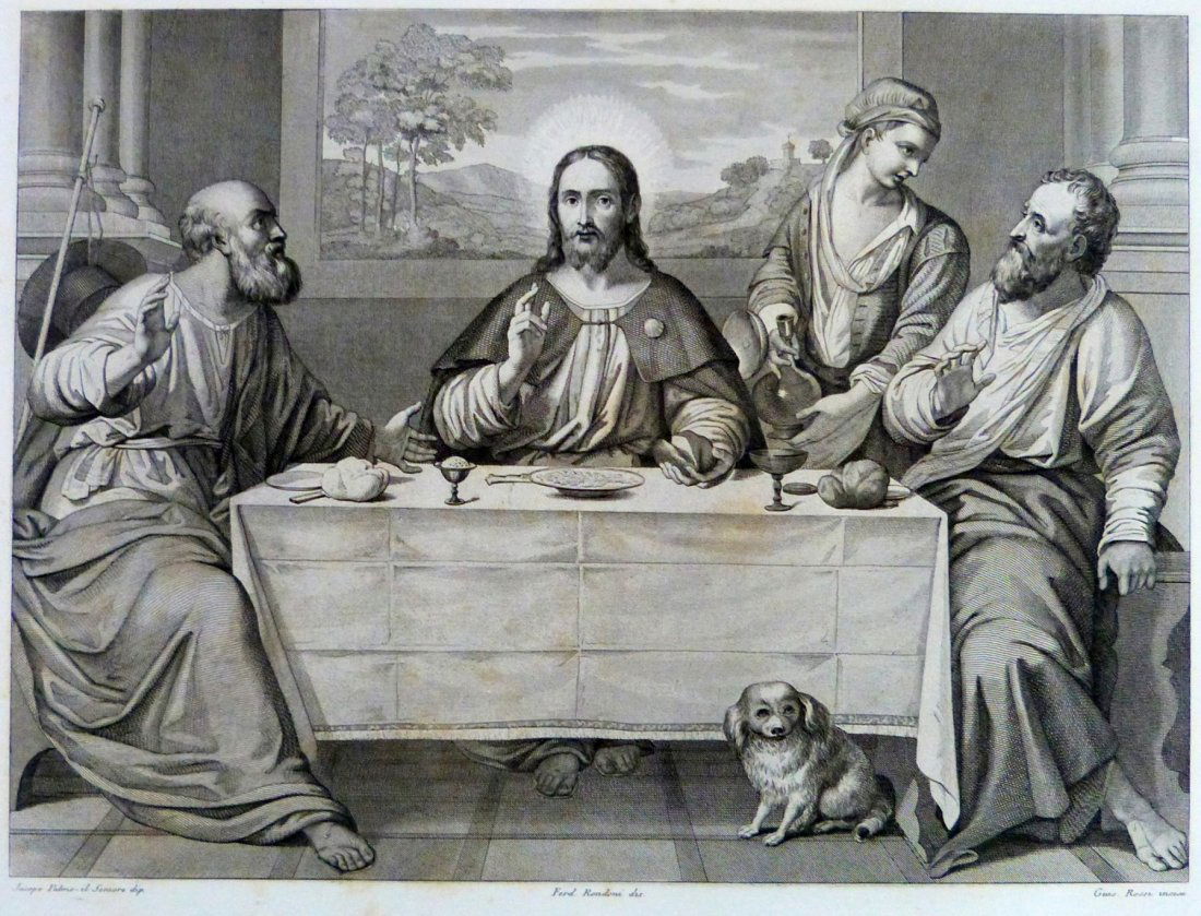 Jacopo Palma il Giovane. Supper at Emmaus. ITALY. 1842.: Print from steel engraving titled „La cena in emaus“.Artist Jacopo Palma il Giovane (Iacopo Nigreti).Drawn by Ferd. Rondoni.Engraved by Gius. Rossi.From “Galerie du Palais Pitti“, Chez Louis B