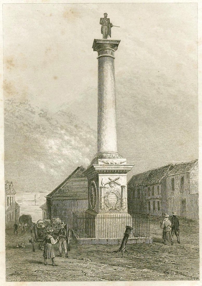Nelson‘s column in Montreal. CANADA. 1849.: Print from steel engraving titled „Monument de Nelson, a Montreal“. Artist and engraver unknown.Notes: Lemaitre direxit.Nelson's Column is a monument in Place Jacques-Cartier, Montreal, Quebec, Ca