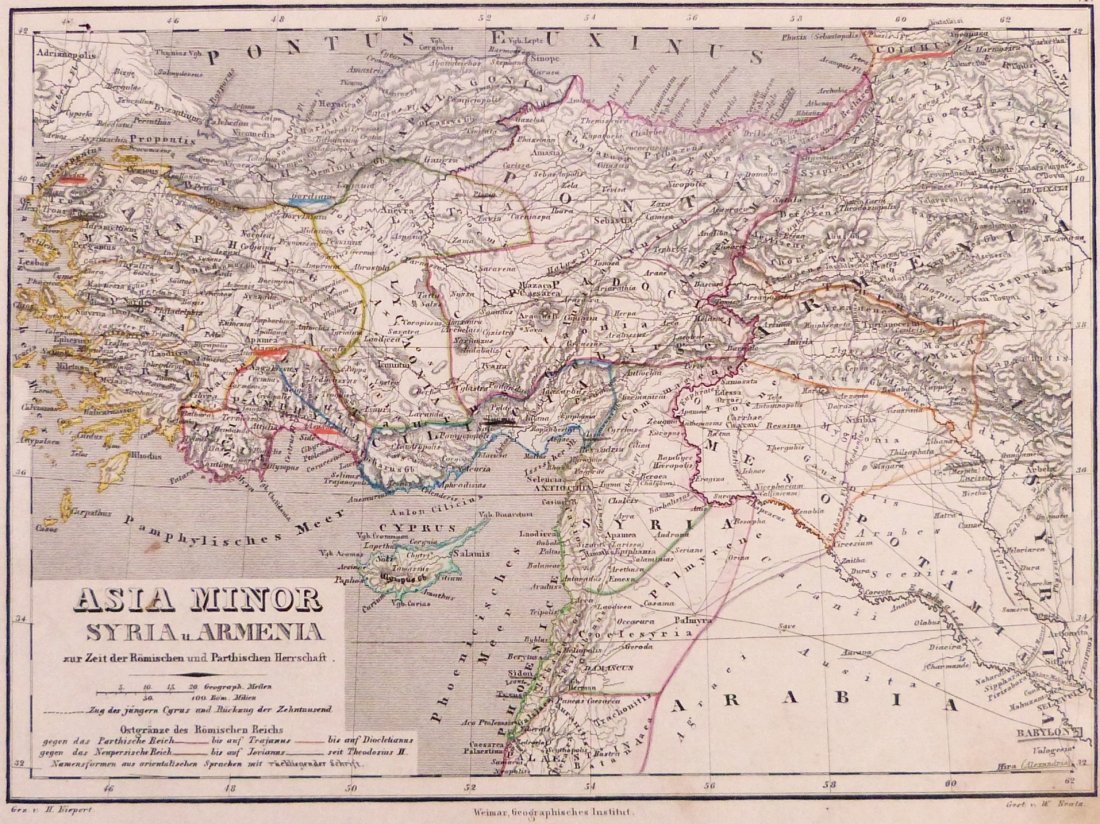 Asia Minor, Syria and Armenia.: Asia Minor, Syria and Armenia especially in the Roman and Parthian period. 1857.Print from steel engraving titled „Asia minor Syria und Armenia zur Zeit der Römischen und Parthischen Herschaft“.A