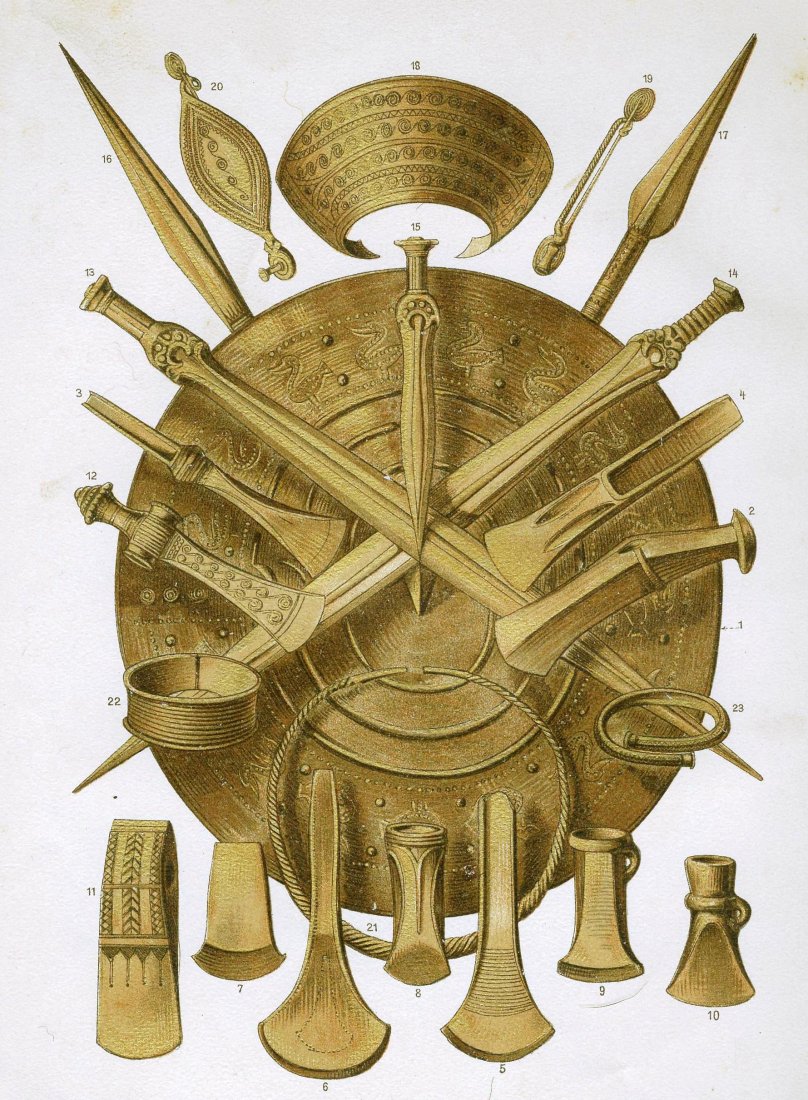 Tools, weapons and jewelery from Bronze Age of North.: Tools, weapons and jewelery from Bronze Age of North. 1901.Chrome lithography.From Ранке Иоган, „Челове