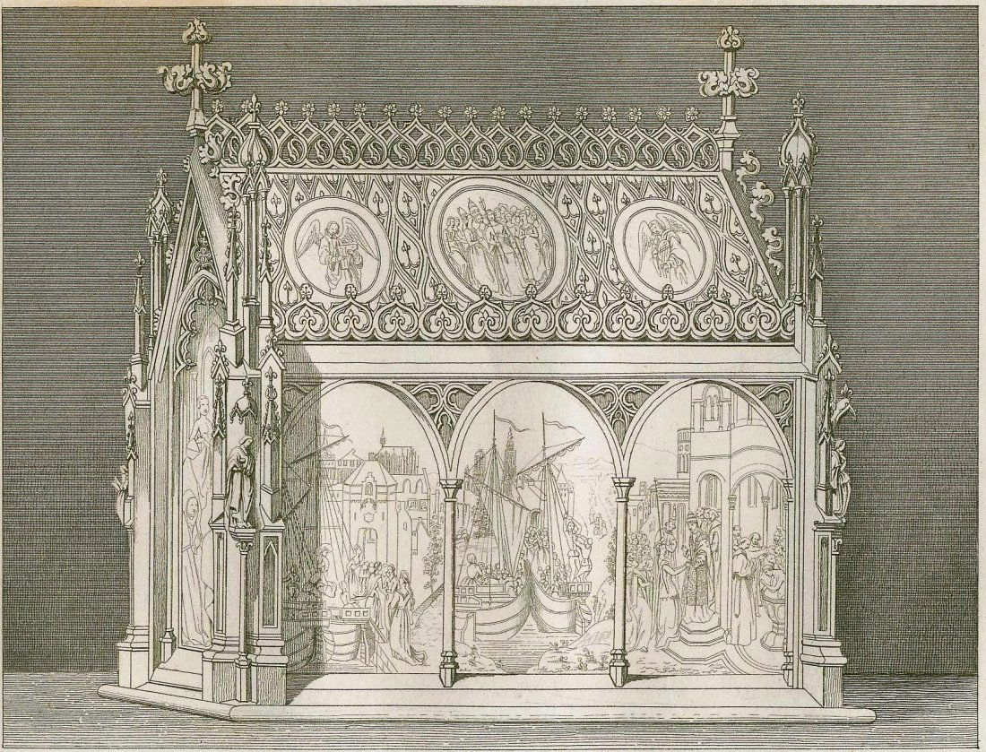 Chase of Saint Ursula. Belgium. Netherlands. 1844.: Print from steel engraving titled, „Chasse de St. Ursule. (Peinte par Hemling)“.Artist Hans Memling.From Belgique et Hollande, par Andre Henri Constant van Hasselt, Paris, Firmin Didot Freres, 184