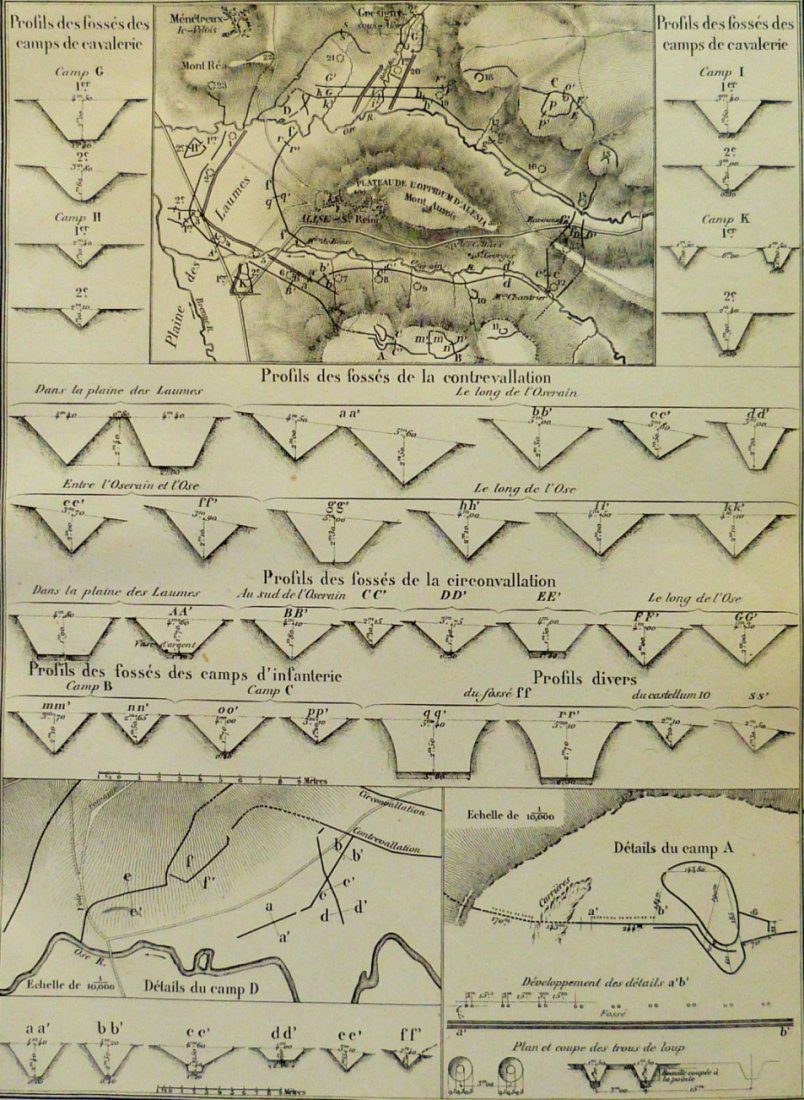 Individual plans of the Roman work in front of Alesia.: Individual plans of the Roman work in front of Alesia. Europe. 1866.Lithography titled, „Einzelpläne zu den Römischen arbeiten vor Alesia“.Author F. Köke.From „Geschichte Julius Cäsars. Atla