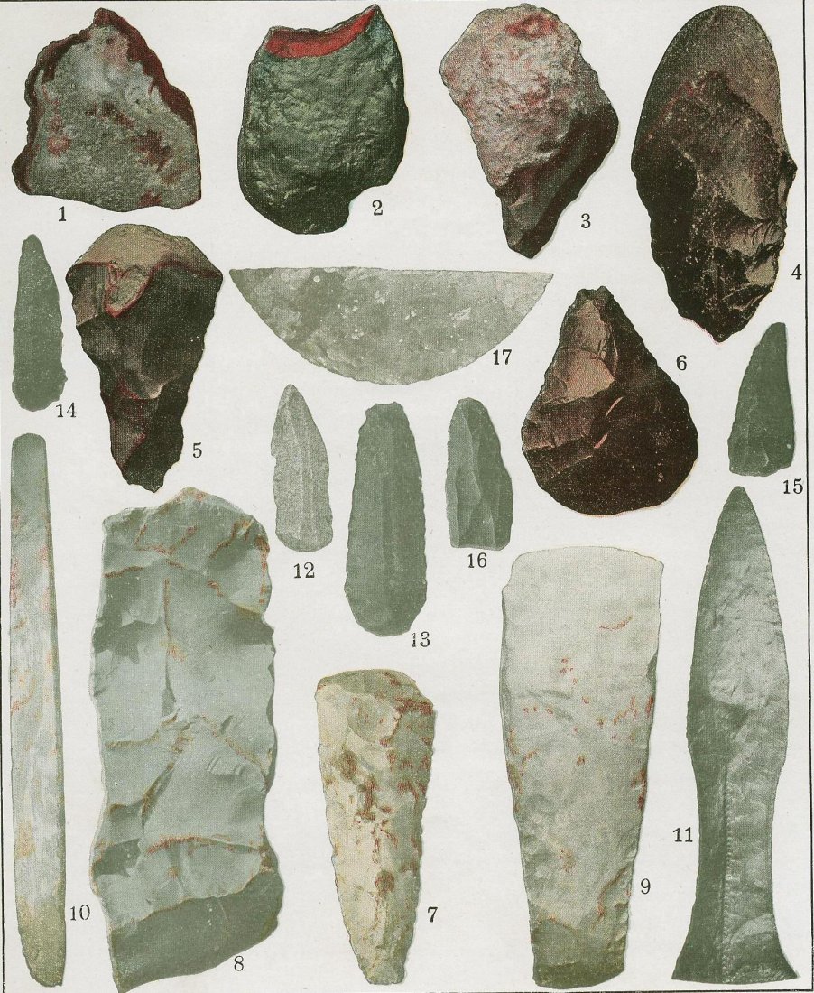 Weapons and tools made from flint of various periods.: Weapons and tools made from flint of various periods. 1896. Chromium lithography.From Ганс Крэмер, „Вселе