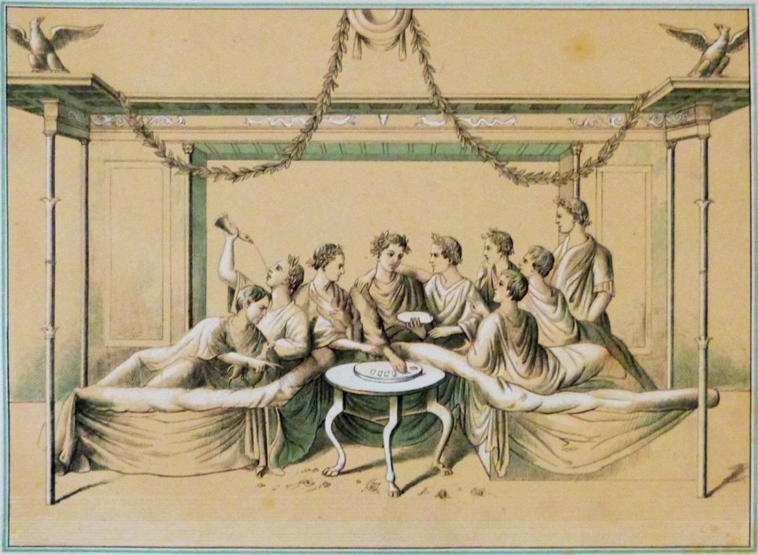 Meal. The dining room. Ancient Rome. 1876.: Lithography titled „Maltid. Triclinium“. Artist , lithography author unknown. Notes: Lith. Bol. i Jönköping. From „Monvmenta antiqvitatis minnen fran Greklands och Roms forntid för vänner af