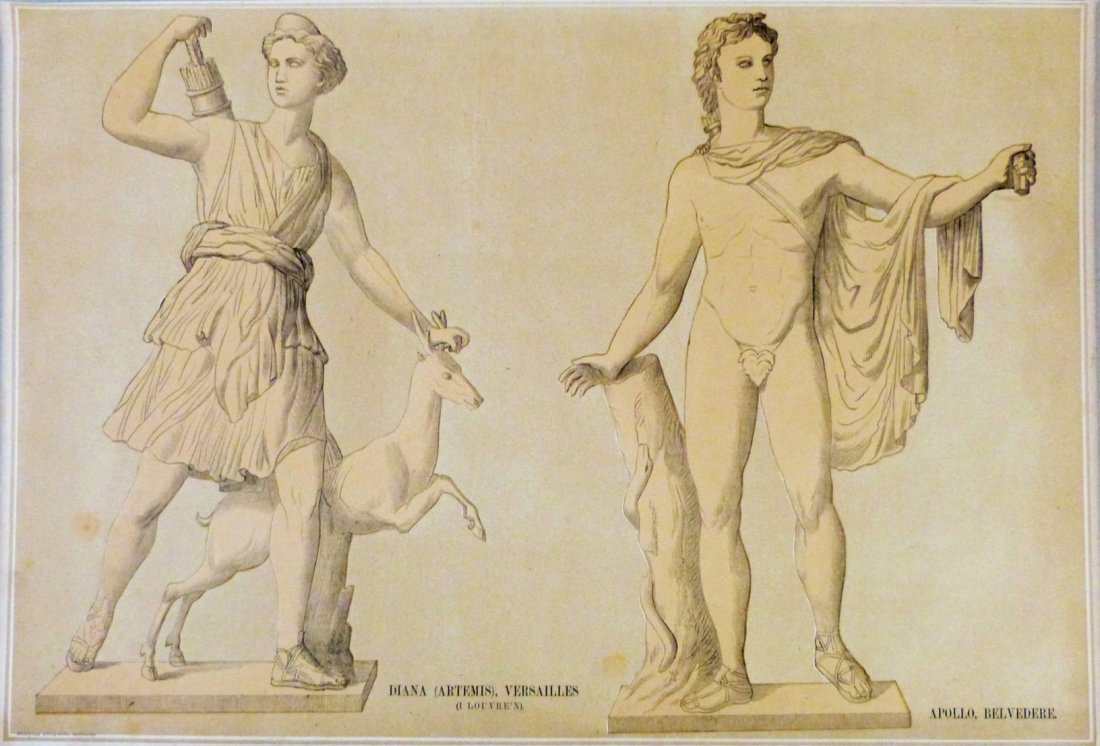 Diana (Artemis) and Apollo. Ancient Greece/Rome. 1876.: Diana (Artemis) and Apollo sculpture Versailles Louvre. Ancient Greece/Rome. 1876. Lithography titled „Diana (Artemis), Versailles (i Louvre‘n)/Apollo, Belvedere“. Artist , lithography author un