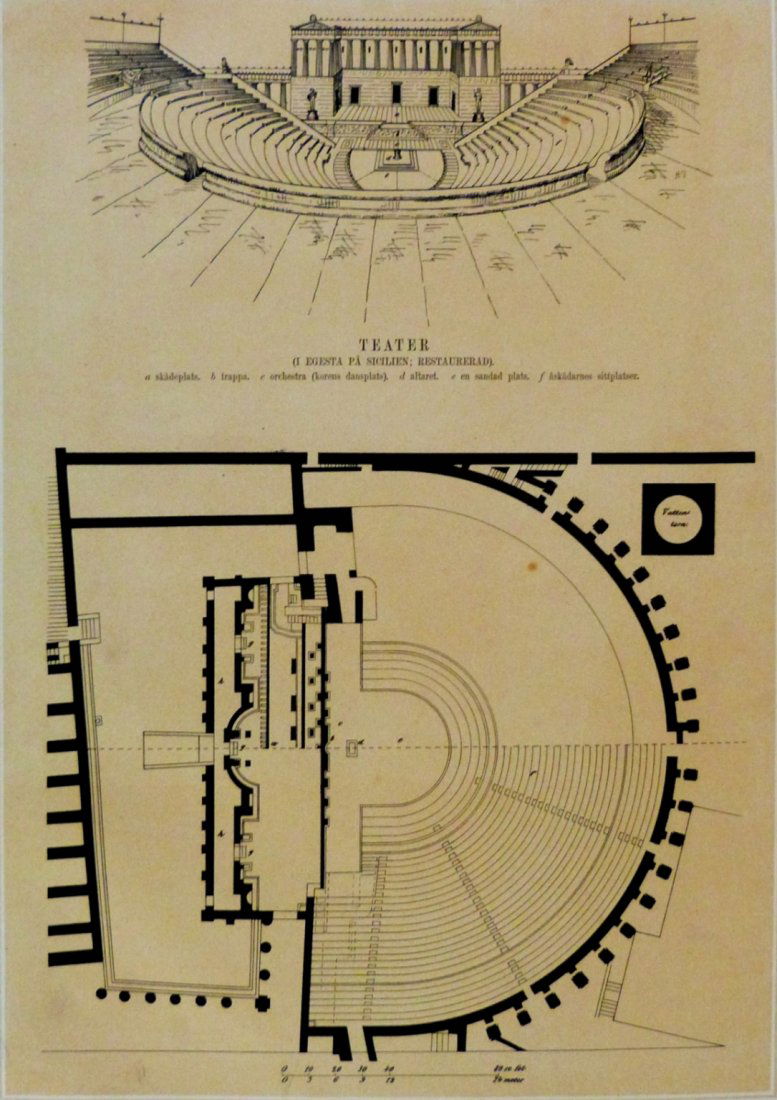Plan of large (tragic) theatre in Pompeii. 1876.: Theatre (in Sicily; Restored) / Plan of large (tragic) theatre in Pompeii. Ancient Greece/Rome. 1876.Lithography titled „Teater (I egesta pa Sicilien; Restaurerad)/Plan af stora (tragiska) teatren i