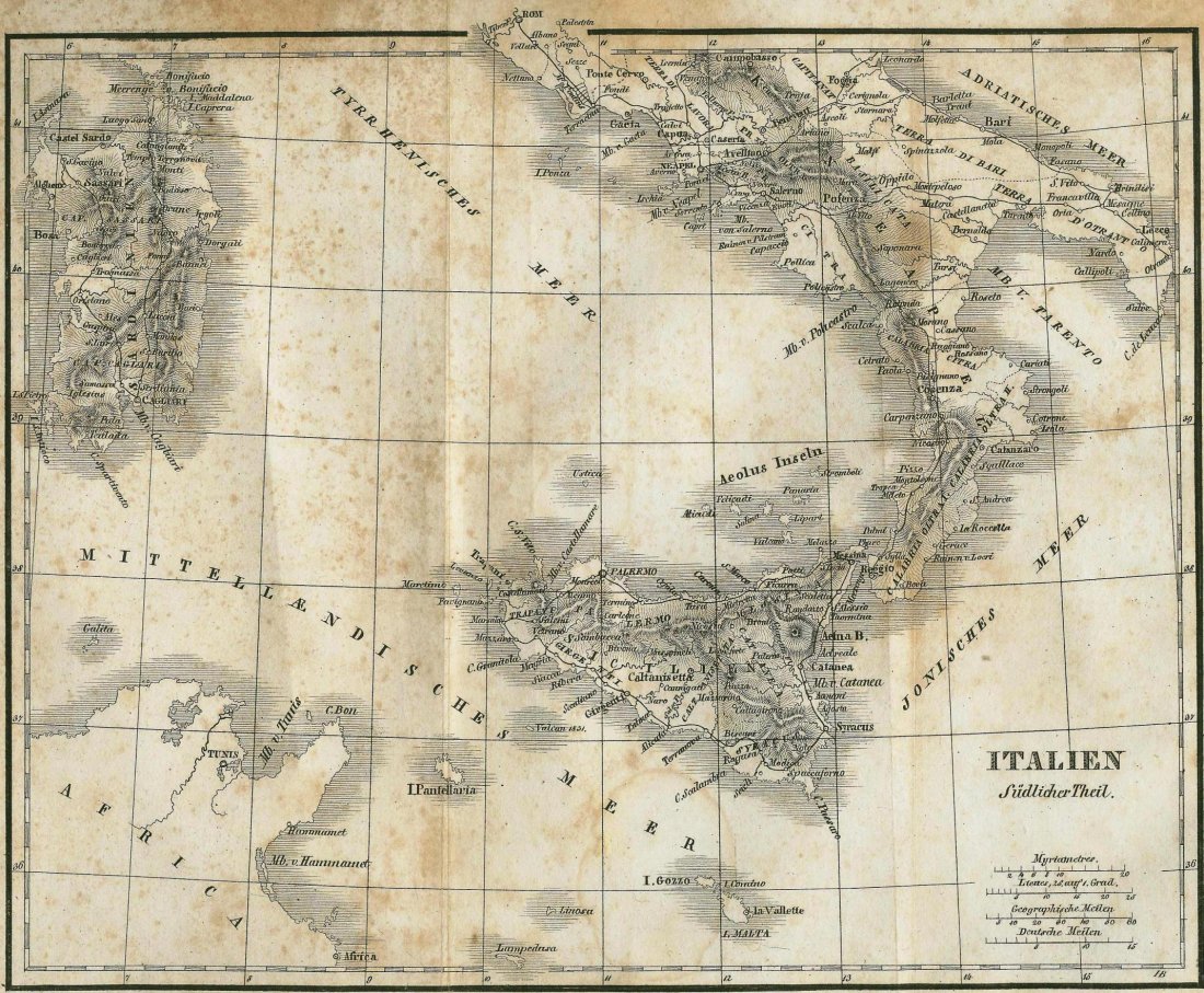 Map of Italy southern part. ~1840.: Print from steel engraving titled „Italien. Südlicher Theil“. Italy officially the Italian Republic is a unitary parliamentary republic in Southern Europe. To the north, Italy borders France, Swi