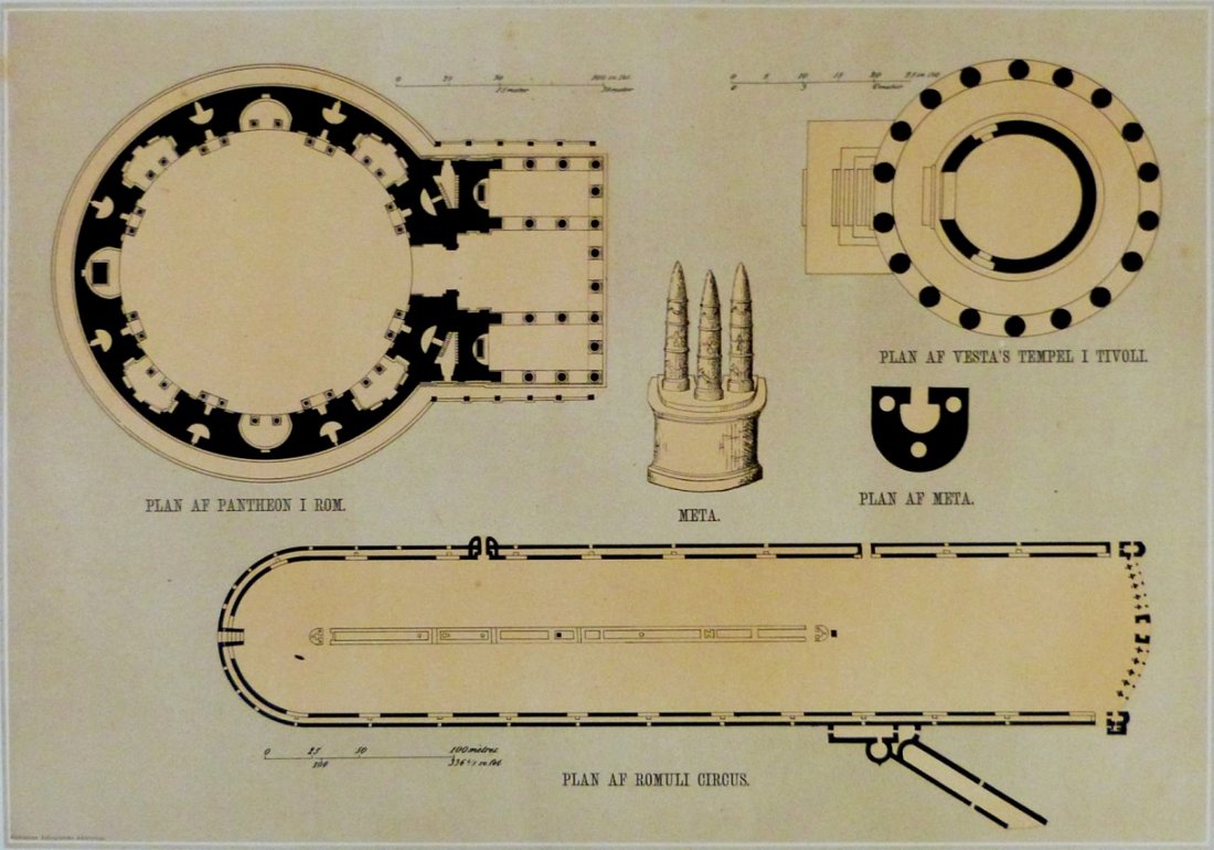 Plans of a Roman architecture. Ancient Rome. 1876.: Lithography titled „Plan af Pantheon I Rom/Meta/Plan af Meta/Plan af Vesta‘s Tempel i Tivoli/Plan af Romuli Circus“. Artist , lithography author unknown. Notes: Jönköping Lith. Aktiebolag. XII