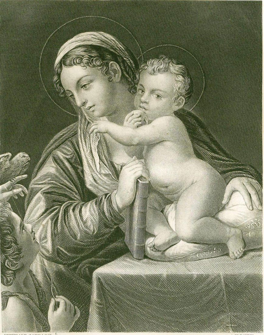 Annibale Carracci. The Holy Family. Italy. 1877.: Print from steel engraving titled „Den hellige familie“.Artist Annibale Carracci.Engraved by A. H. Payne.From „Balled-Galleri af beromte maleres vaerker, indeholdende staalstukne Gjengivelser af