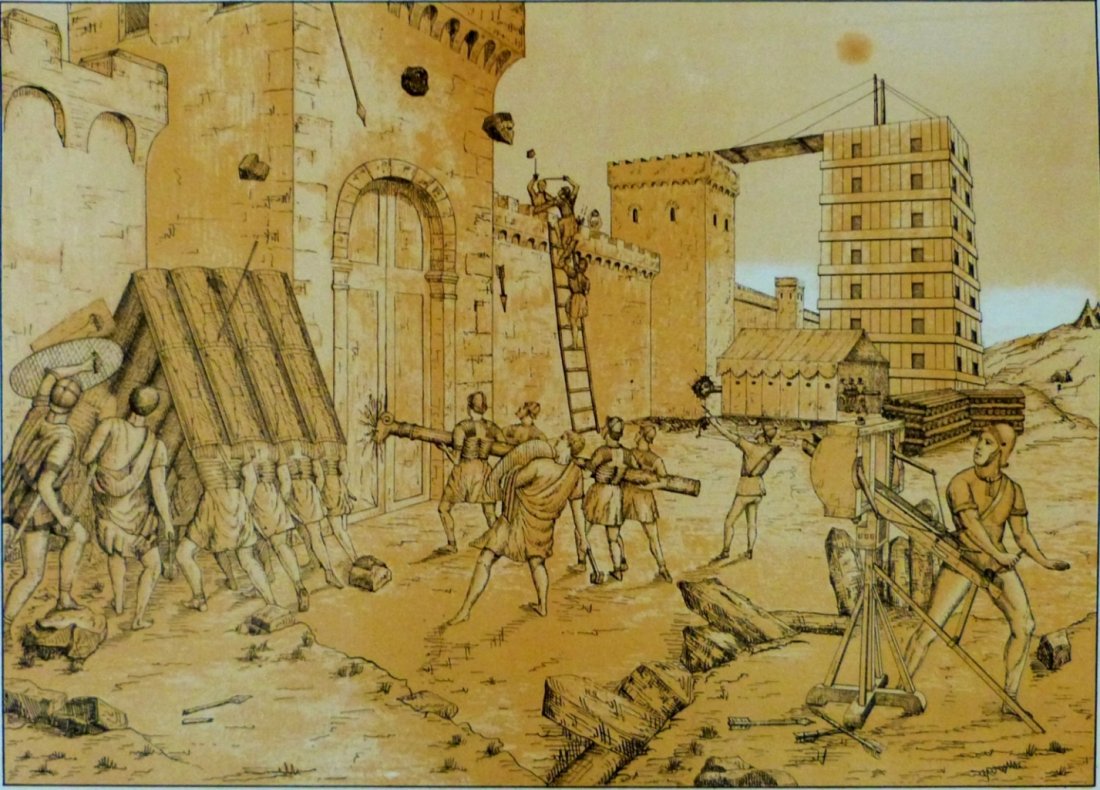 Roman siege tools. Ancient Rome. 1876.: Lithography titled „Romerska belägringsverktyg“. Artist , lithography author unknown. Notes: Jönköping Lith. Aktiebolag. XVII. Schlyter, monumenta antiqvitatis. From „Monvmenta antiqvitatis m