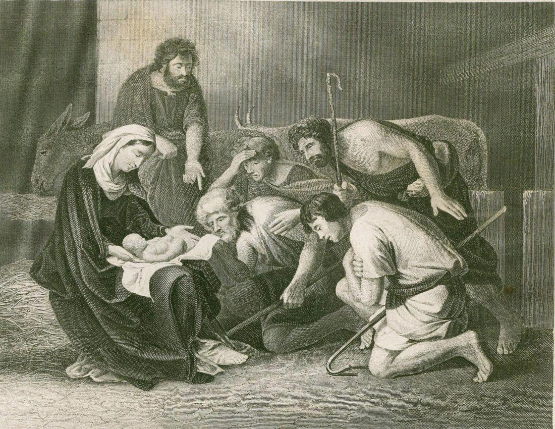Nicolas Poussin. Christ's birth. France/Italy. 1874.: Print from steel engraving titled „Christi fodsel“.Artist Nicolas Poussin.Engraved by W. French.From „Balled-Galleri af beromte maleres vaerker, indeholdende staalstukne Gjengivelser af italiens