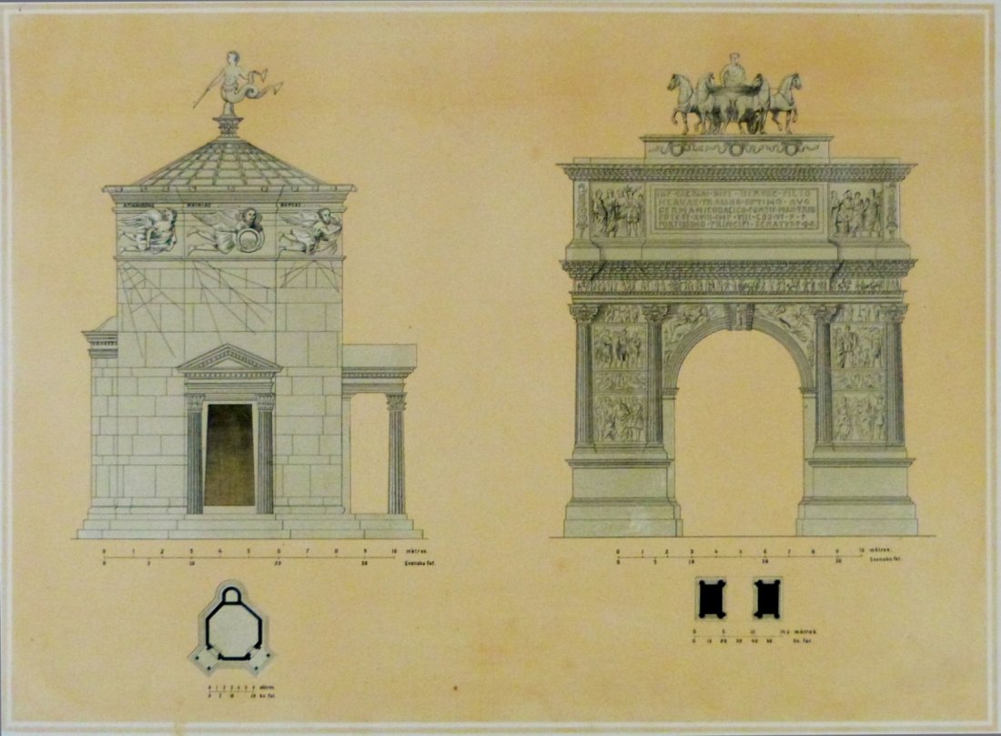 Tower of the Winds in Athens. Ancient Greece. 1876.: Tower of the Winds in Athens/Trajan arc in Beneventum. Ancient Greece. 1876. Lithography titled „Vindarnes torn i Aten/Trajani bage i beneventum“. Artist , lithography author unknown. Notes: Jönk