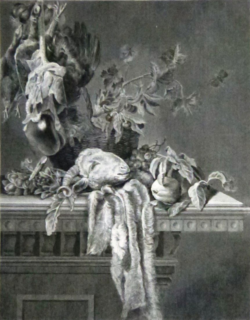 Van Aelst. Still life with fruit. Netherlands. 1843.: Willem van Aelst. Still life with fruit and goat's head. Netherlands. 1843. Print of steel engraving titled „Frutti e selvaggiume“. Artist Willem van Aelst.Drawn by L. Pompignoli.Engraved by C. La