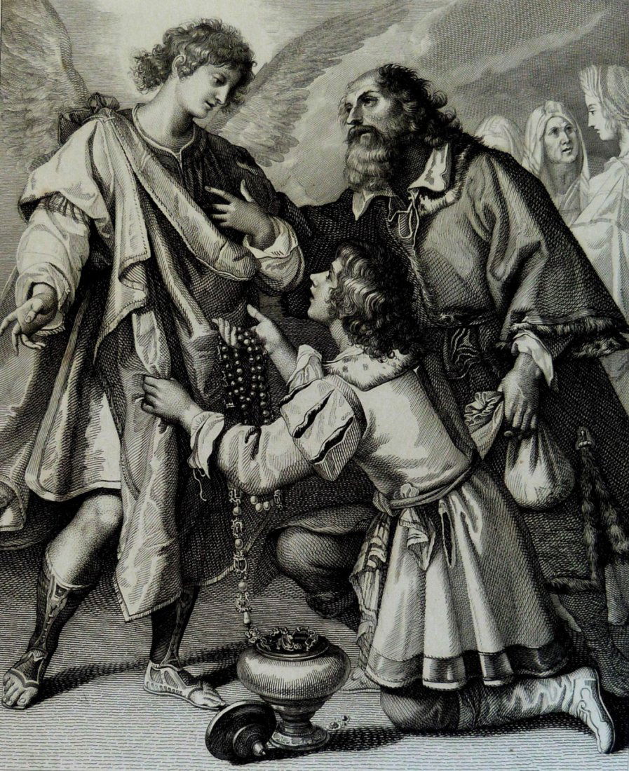 Biliverti. The angel. Italy. 1842.: Giovanni Biliverti. The angel who refuses the gifts of Tobia. Italy. 1842. Print of steel engraving titled „L‘angelo che ricusa i doni di Tobia“. Artist Giovanni Bilivert.Drawn by A. Muzzi. Engr