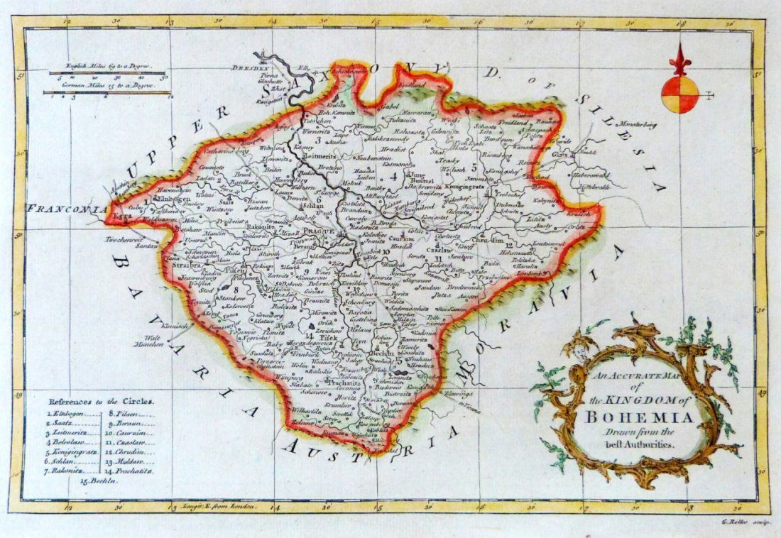 Kingdom of Bohemia. Czech Republic. Europa. 1756.: Copper engraving, hand colored print titled, “An Accurate Map of the Kingdom of Bohemia Drawn from the best Authorities”. Drawn from the best Authorities. Engraved by G. Rollos.For the Geographic