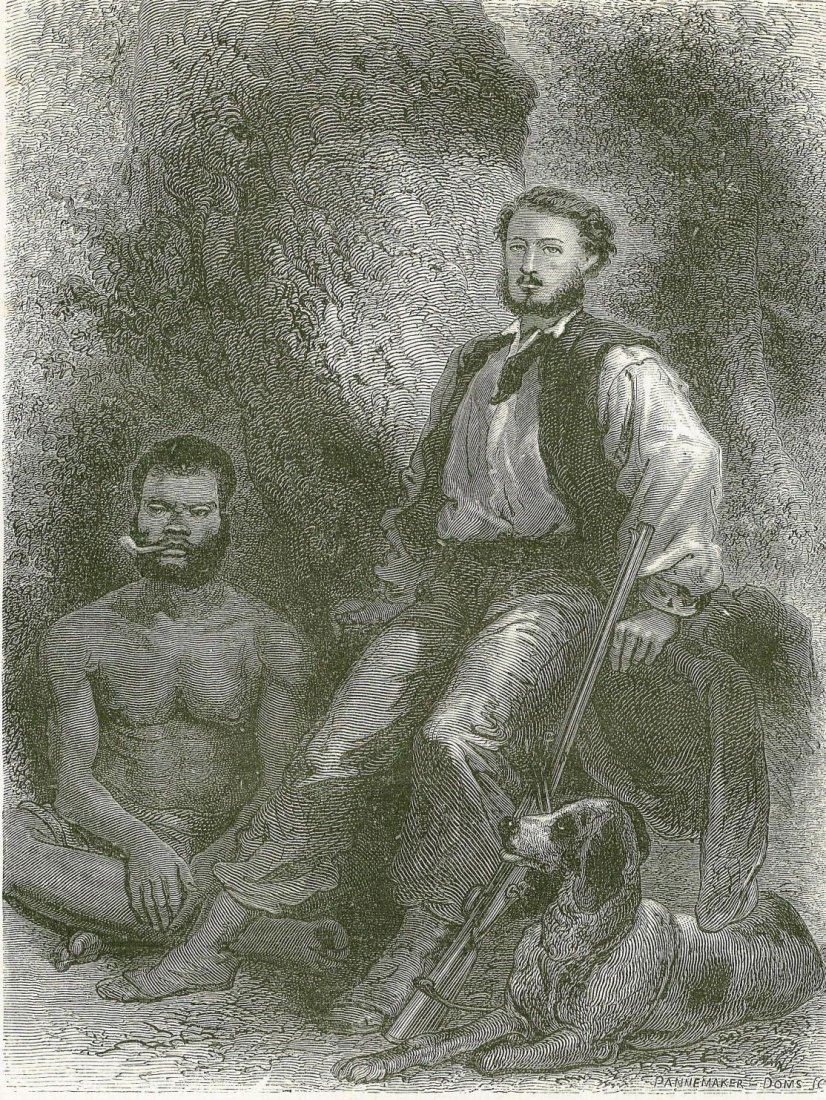 Portrait of a two men and the dog. New Caledonia. 1867.: Print of woodcut engraving titled „M. J. Garnier son guide et son guide et son chien Soulouque.Author A. de Niuville.Engraved by Pannemaker.From "Le Tour du Monde" published in 1867 Paris.New Caledo