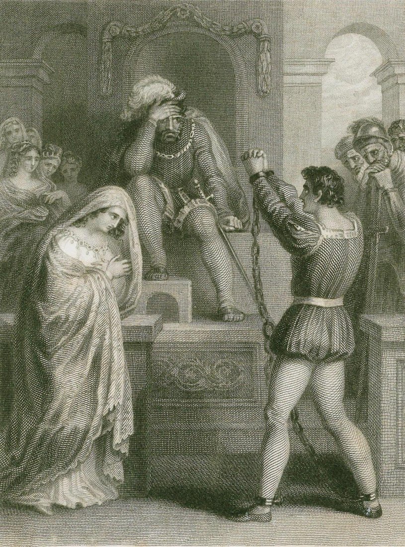 Parisina - Begging for mercy. Italy. 19th.: Print of steel engraving. Author H. Richter. Engraved by W. Chevalier. Parisina (also known as Parisina d'Este) is an opera (tragedia lirica), in three acts by Gaetano Donizetti. Felice Romani wrote t