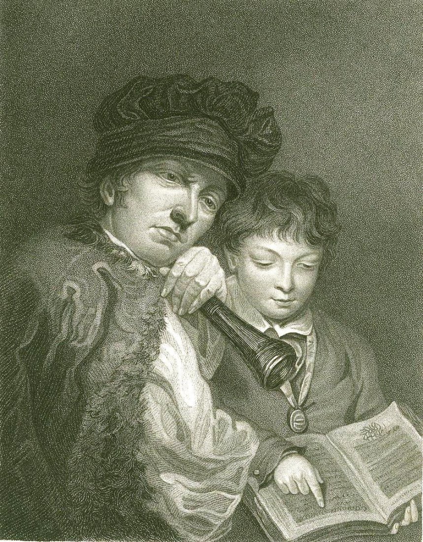 The deaf school master. England. 1831.: Print of steel engraving. Author Henry Meyer. Engraved by H. Meyer. From „Fisher‘s drawing room scrap book“ with poetical illustrations by L. E. L. London: Fischer, son, and Jackson, Newgate Str