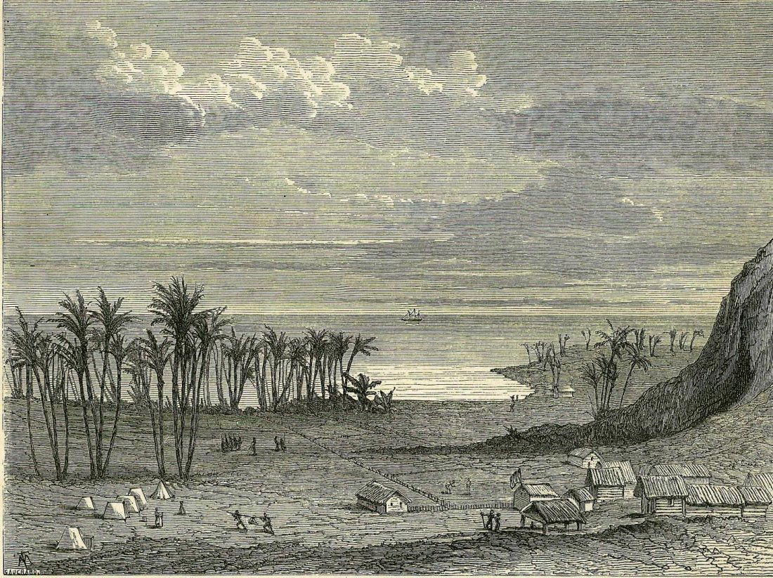 Village. New Caledonia. 1867.: Print of woodcut engraving titled „Village et p ste de Houagap.Author Moynet.Engraved by M. J. Garnier.From "Le Tour du Monde" published in 1867 Paris.New Caledonia is a special collectivity of Fran