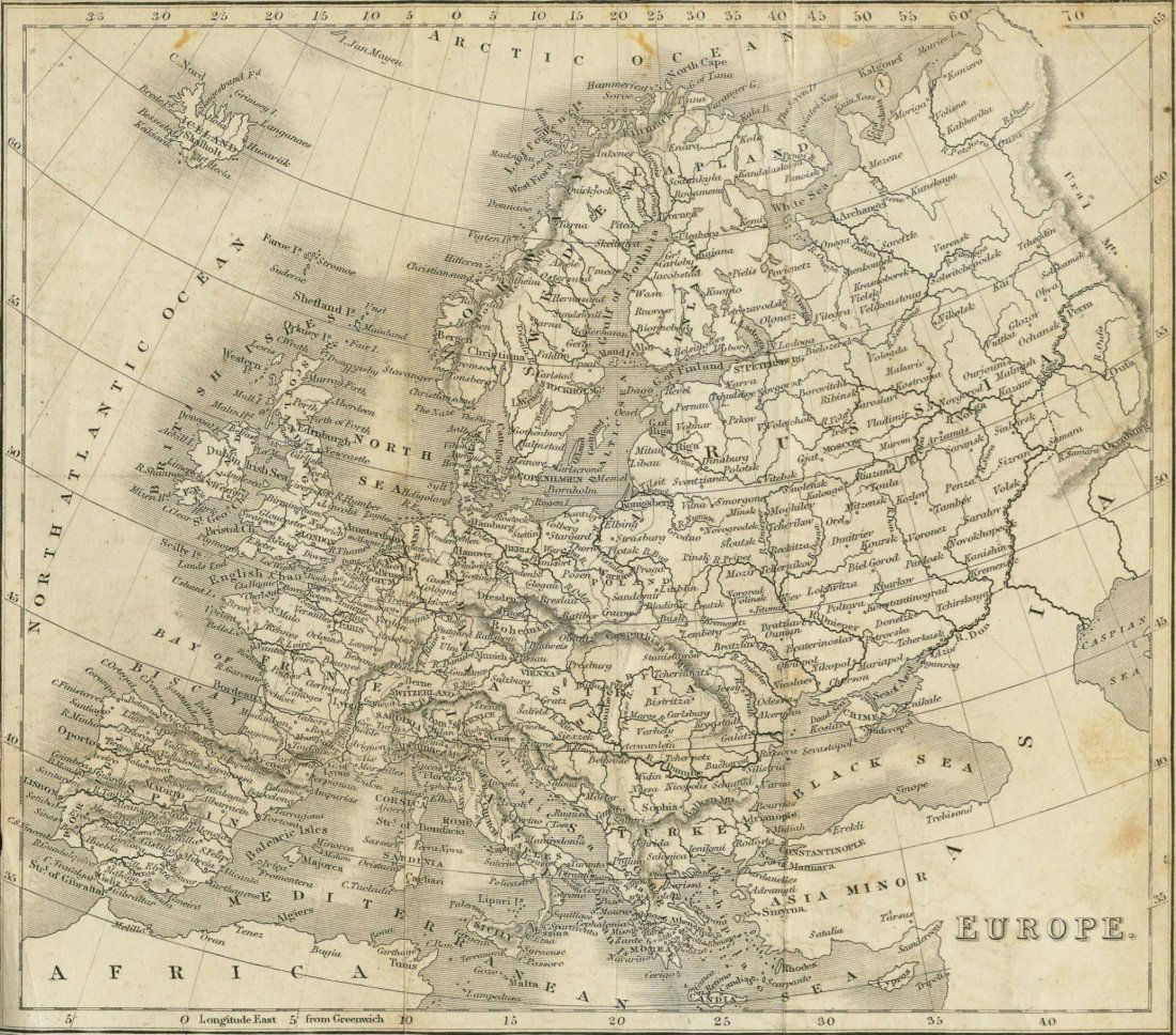 Map of Europe. 1835.: Print of steel engraving. Author J. Goldsmith.Engraved by S. Hall Bury.Published by Longman & Cᵒ. Paternoster Row.From „A grammar of general geography, for the use of schools and young persons