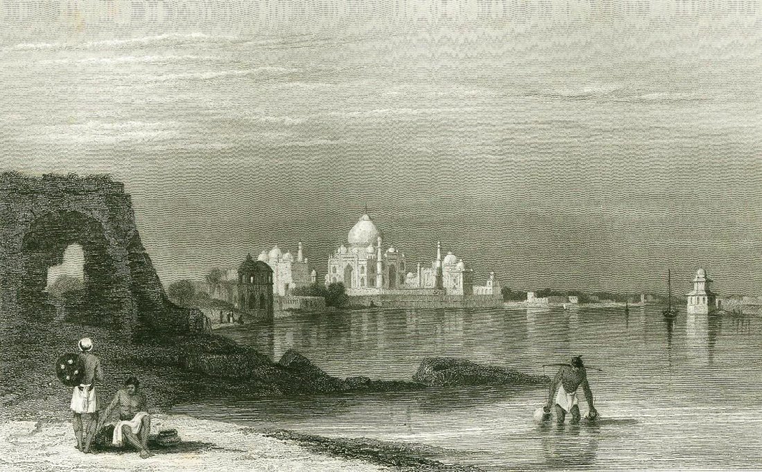 Taj Mahal Agra. India. 1831.: Print of steel engraving. Author S. Prout. Engraved by Robt. Wallis. From „Fisher‘s drawing room scrap book“ with poetical illustrations by L. E. L. London: Fischer, son, and Jackson, Newgate St