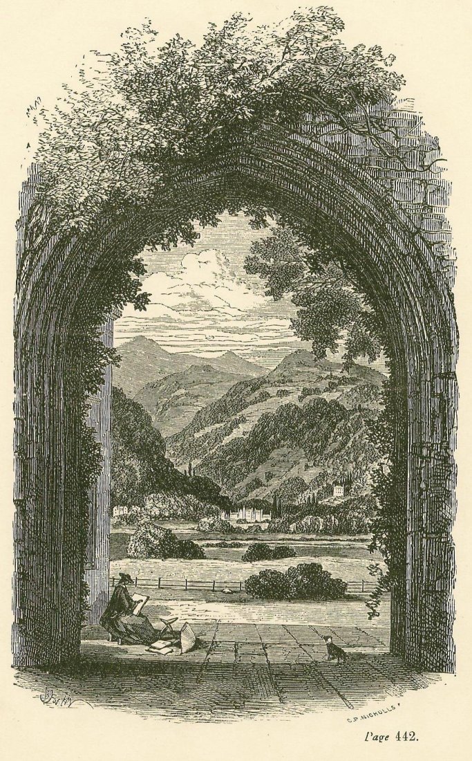 Landscape. New England. ~19th.: The view through the arch into the landscape. New England. ~19th. Print of woodcut engraving. Artist John B. Foster. Engraver C. P. Nicholls. John B. Foster (1865–1930) was a New England artist, bor