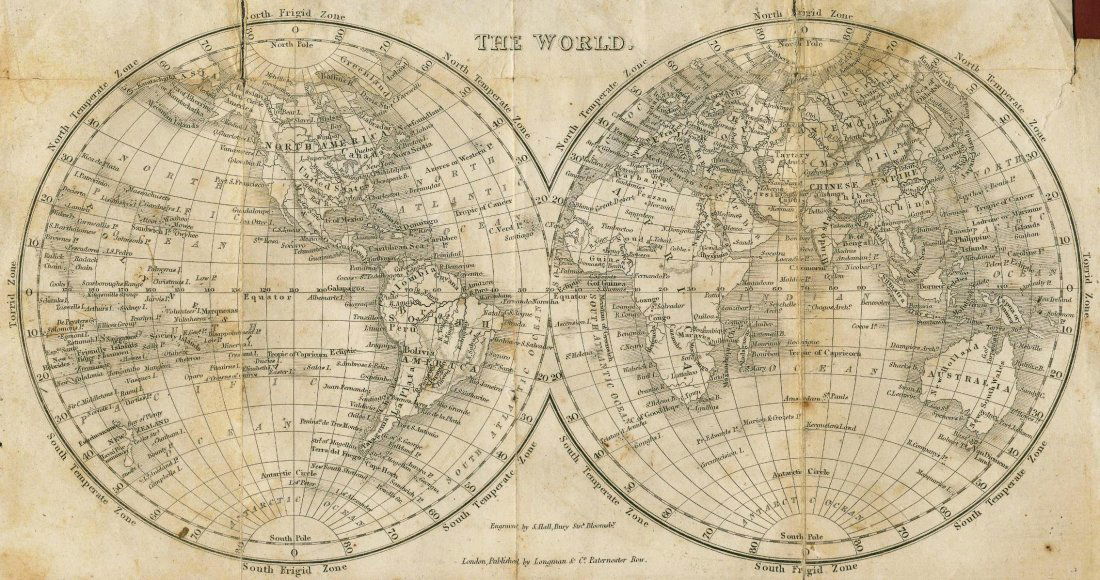Map of the World. 1835.: Print of steel engraving. Author J. Goldsmith.Engraved by S. Hall Bury.Published by Longman & Cᵒ. Paternoster Row.From „A grammar of general geography, for the use of schools and young persons