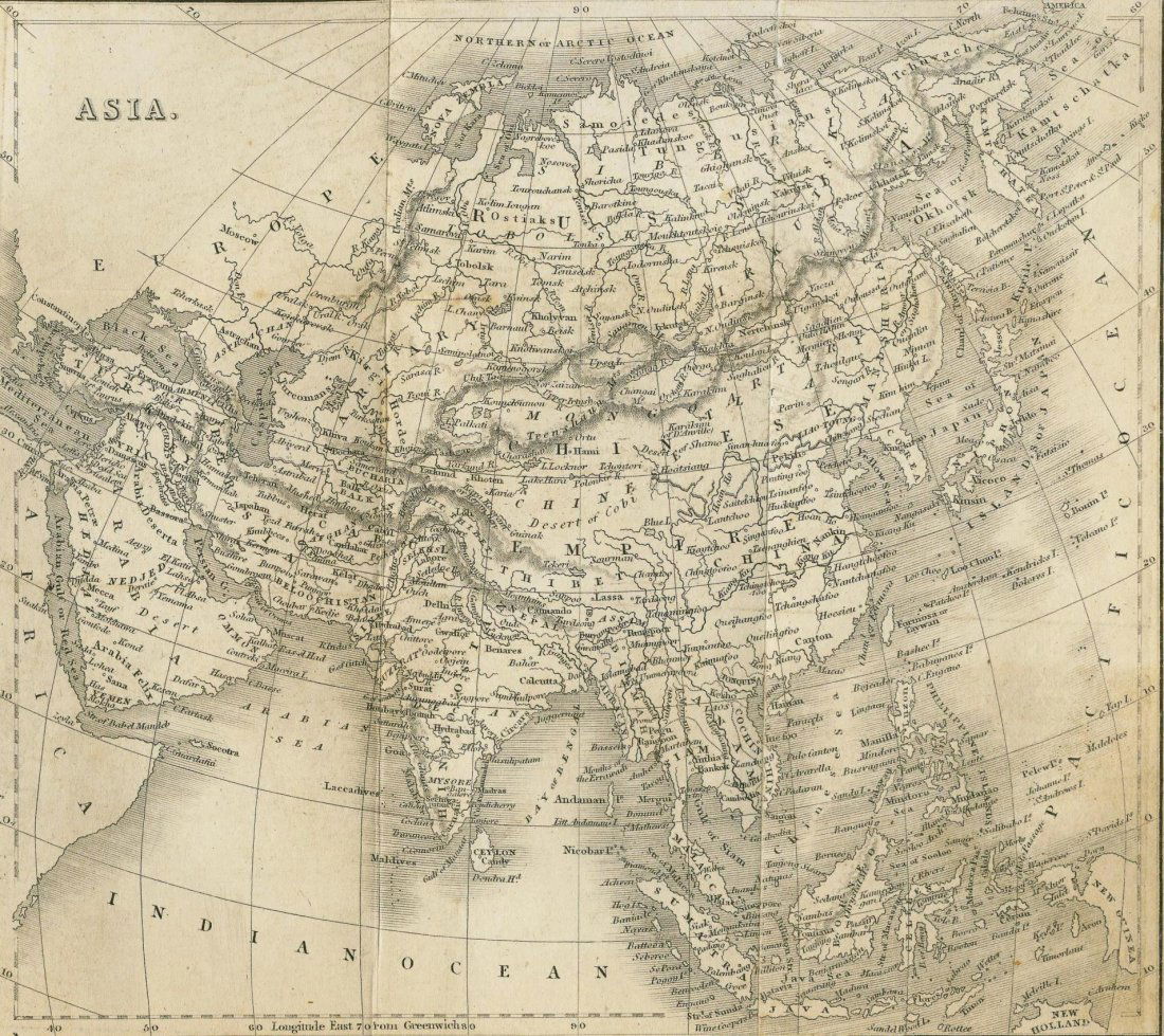 Map of the Asia. 1835.: Print of steel engraving. Author J. Goldsmith.Engraved by S. Hall Bury.Published by Longman & Cᵒ. Paternoster Row.From „A grammar of general geography, for the use of schools and young persons