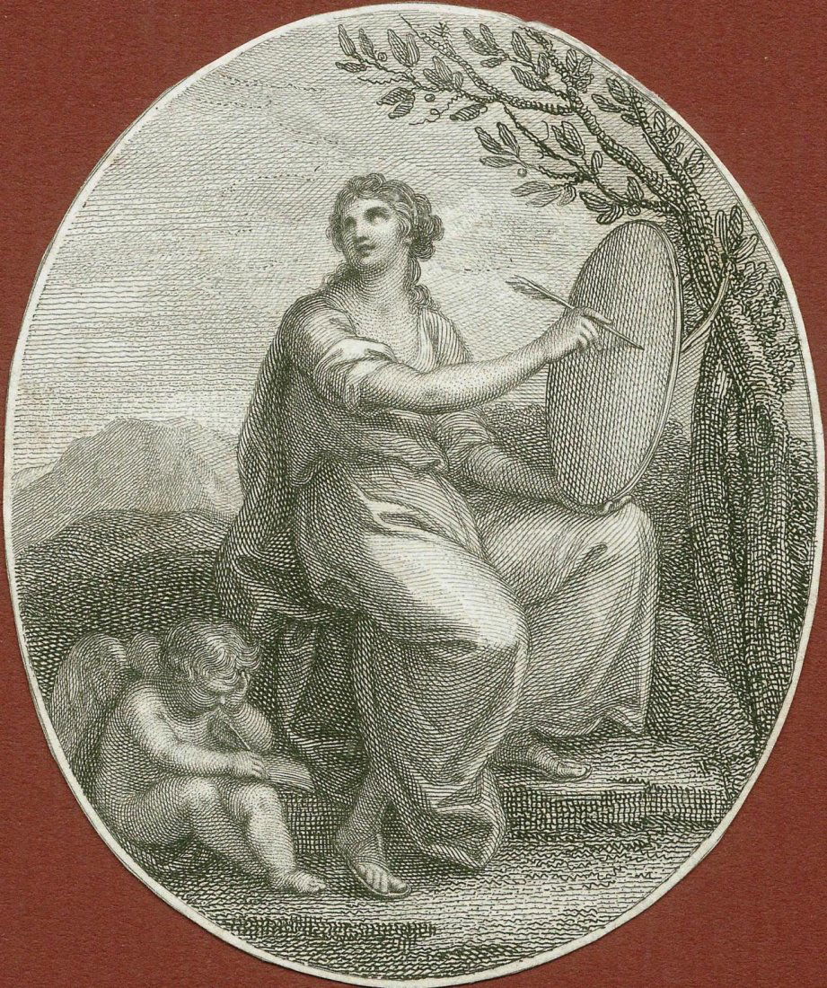 Woman with a shield and arrows. Italy. 1793.: Woman with a shield and arrows and an angel near. England/Italy. 1793.Print of steel engraving.Author Francesco Bartolozzi.Engraved by unknown.Published May 18th, 1793 by T. Tomkins Forter Lane, Londo