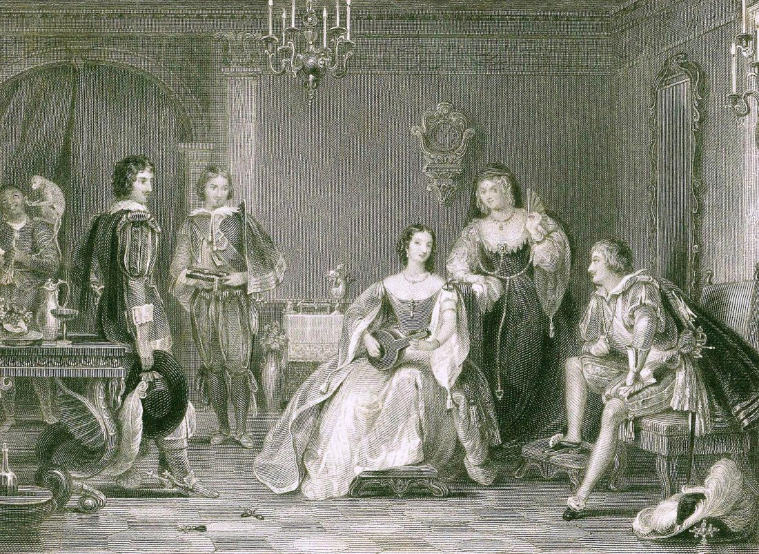 The Prince of Spains. Spain. 1878 - 1880.: The Prince of Spains visit to Catalina. England. 1878 - 1880.Print of steel engraving.Author Gilbert Stuart Newton.Engraved by C. Rolls.Gilbert Stuart Newton (2 September 1795 5 August 1835) was a Bri