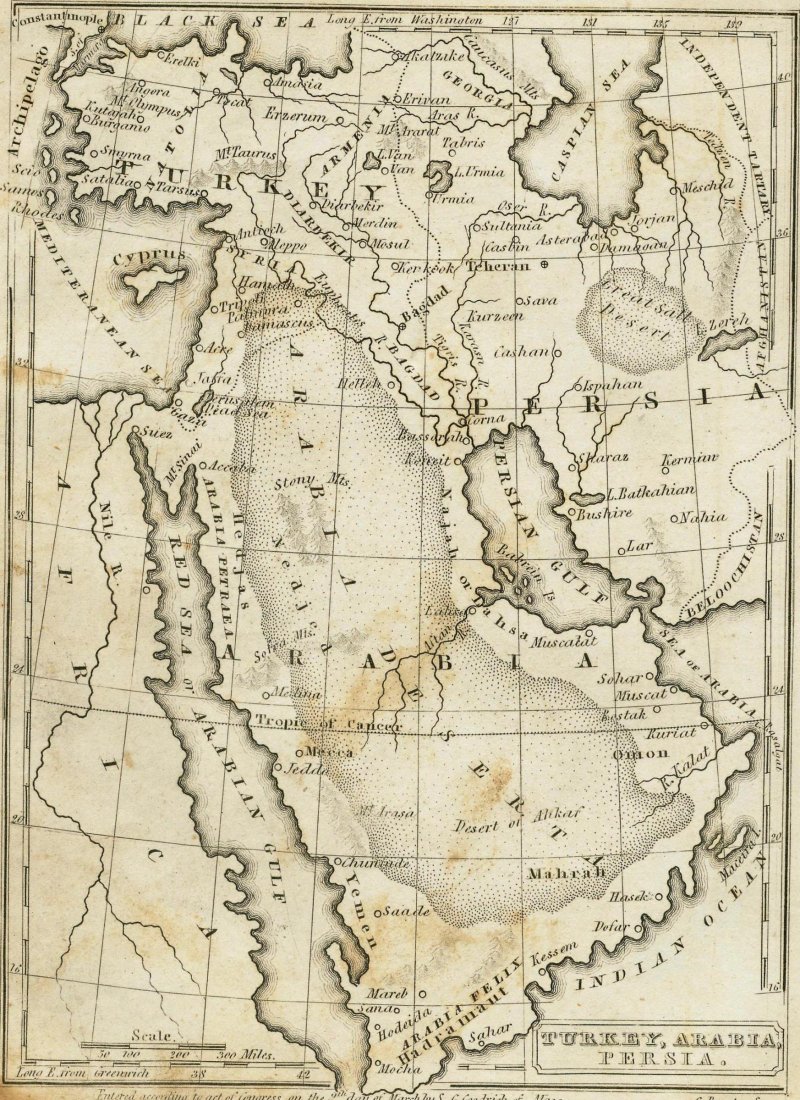 Map of Turkey, Arabia and Persia. 1839.: Print of steel engraving. Author unknown. Engraved by G. Boynton. From „The second book of History, including The modern history of Europe, Africa, and Asia. Illustrated by engravings and sixteen ma