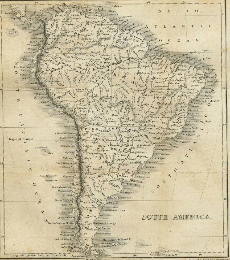 Map of the South America. 1835.: Print of steel engraving. Author J. Goldsmith.Engraved by S. Hall Bury.Published by Longman & Cᵒ. Paternoster Row.From „A grammar of general geography, for the use of schools and young persons