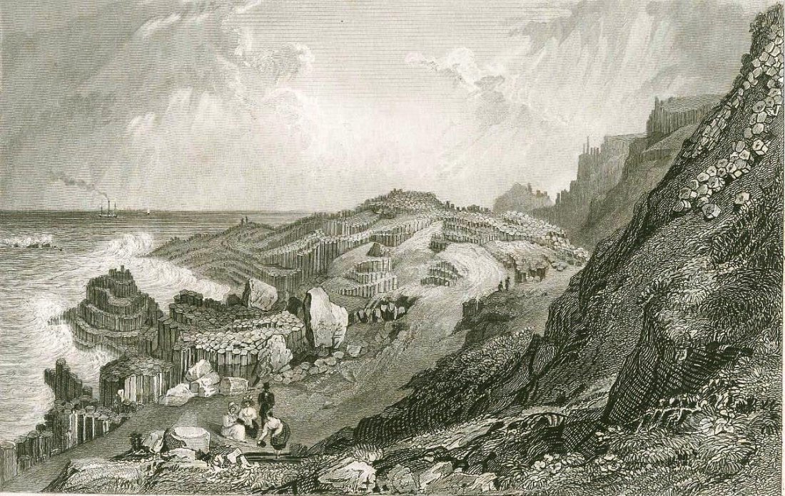 The Giants Causway. Ireland. 1831.: Print of steel engraving. Author T. M. Baynes. Engraved by W. Le Petit. From „Fisher‘s drawing room scrap book“ with poetical illustrations by L. E. L. London: Fischer, son, and Jackson, Newgate