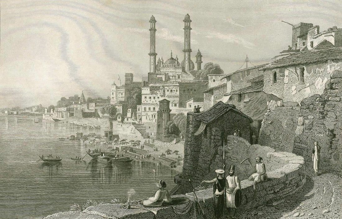 Benares. India. 1831.: Print of steel engraving. Author W. Purser after skech of R. Elliot. Engraved by W. Cooke. From „Fisher‘s drawing room scrap book“ with poetical illustrations by L. E. L. London: Fischer, son, a