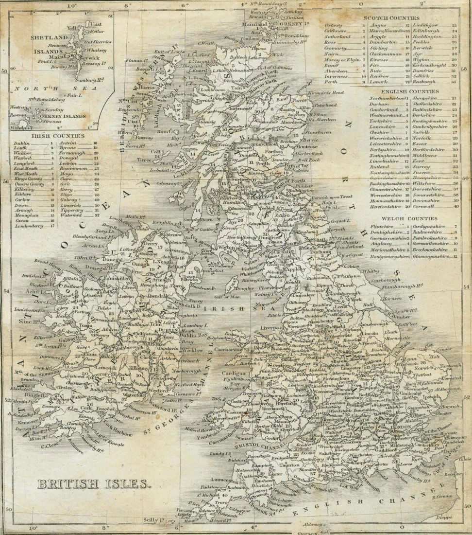 Map of British Isles. 1835.: Print of steel engraving. Author J. Goldsmith.Engraved by S. Hall Bury.Published by Longman & Cᵒ. Paternoster Row.From „A grammar of general geography, for the use of schools and young persons