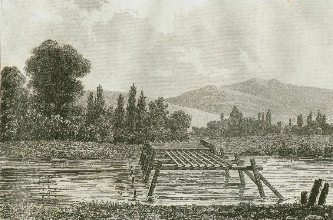 Bridge for the passage of troops. Germany. 1841.: Print of steel engraving titled „Pont pour le passage des Troupes/Puente para el paso de la Tropa“. Author Arnout. Engraved by unknown. From „Historia de la Alemania por M. Ph. Le Bas. Traducida