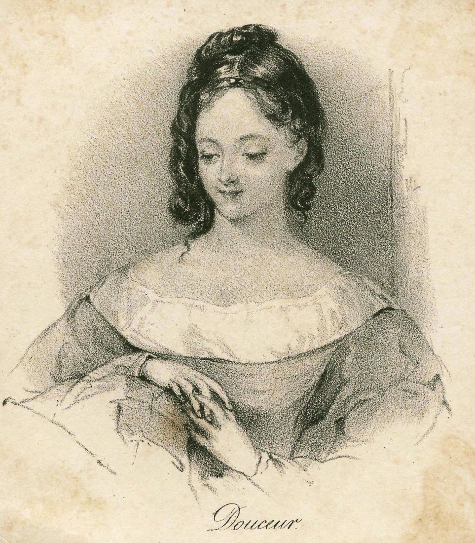 Portrait of a woman. Sweetness. 19th.: Lithography titled „Douceur“. Author and engraver unknown. Engraved by Sangsier. Approx. image size 8 x 7, 4/9, 4 x 8, 2 cm.
