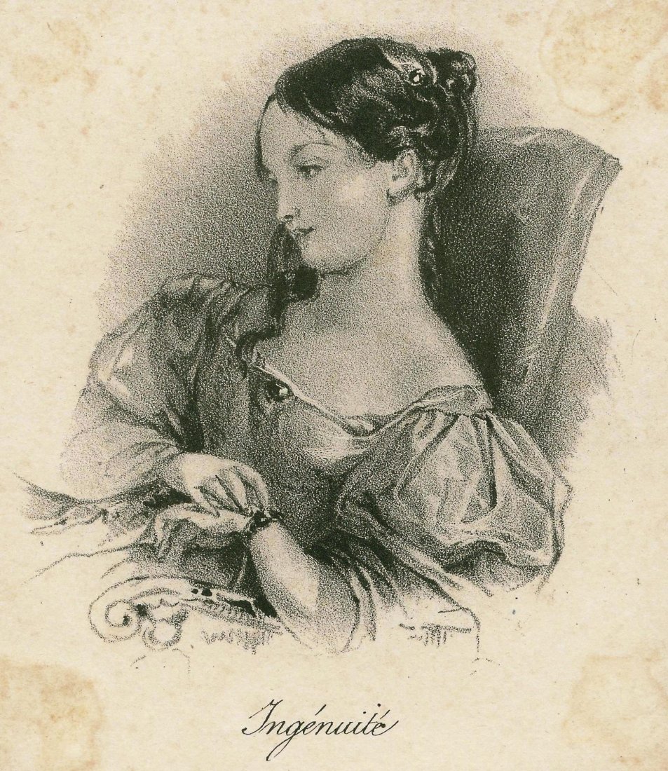 Portrait of a woman. Artlessness. 19th.: Lithography titled „Ingenuite“. Author and engraver unknown. Approx. image size 7, 5 x 7, 5/9, 7 x 8, 5 cm.