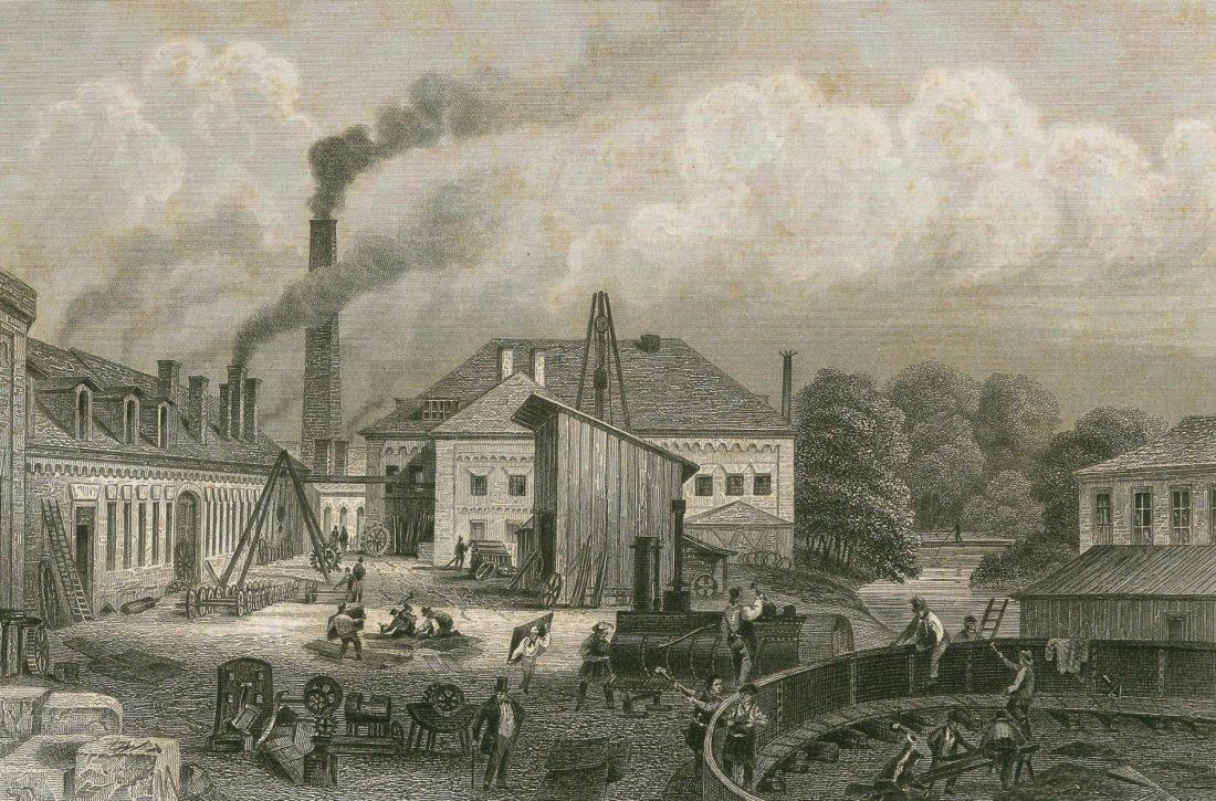Maffei's machine factory in Munich. Germany. 1857.: Print of steel engraving titled “Maffei’s Maschinenfabrick bei München”. Author and engraver unknown.Published by Bibliograph. Institut in Hidlburghausen.Munich is the capital and largest city
