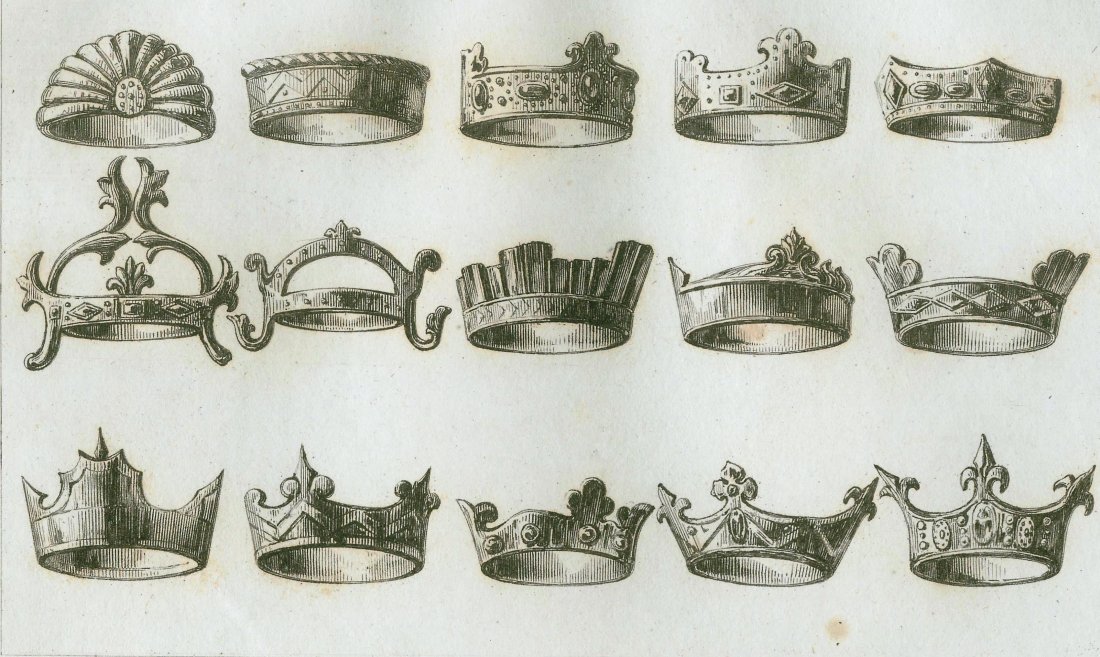 Royal Crowns of various dynasties. Germany. 1841.: Print of steel engraving titled „Couronnes Royales de diferentes dynaties“. Author unknown. Engraved by unknown. From „Historia de la Alemania por M. Ph. Le Bas. Traducida al castellano por Una 