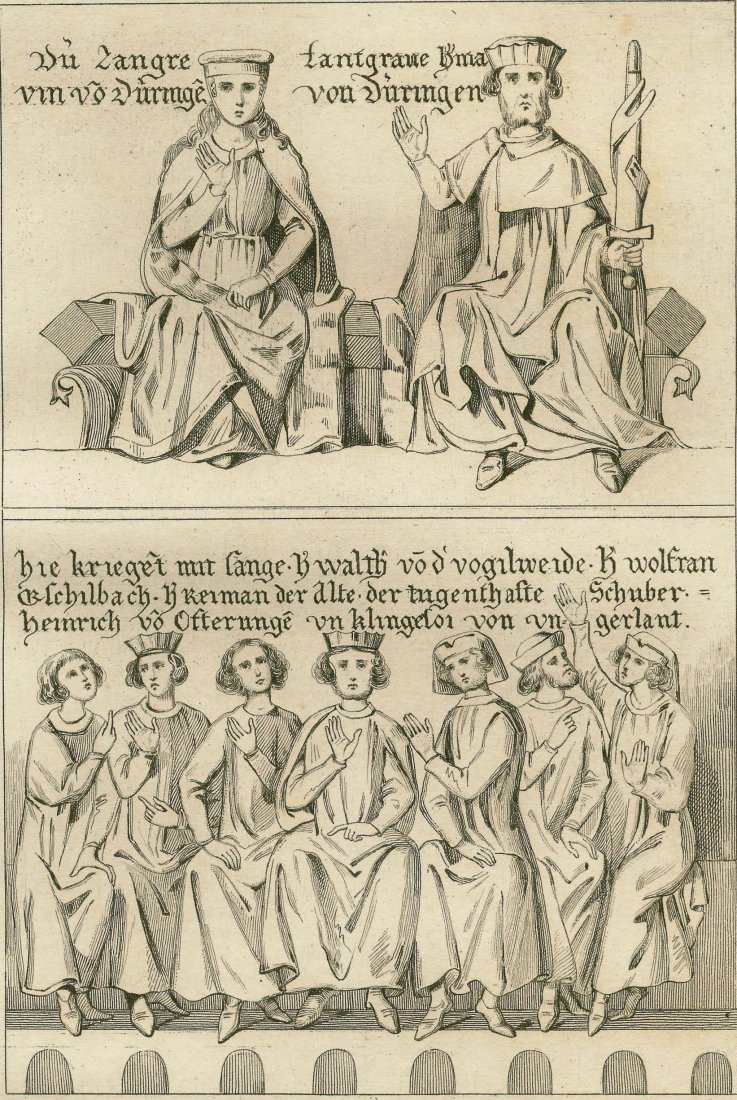 Congress of Wartburg. Germany. 1841.: Print of steel engraving titled „Congres de la Wartbourg“. Author unknown. Engraved by M. Lesueur. From „Historia de la Alemania por M. Ph. Le Bas. Traducida al castellano por Una sociedad liter