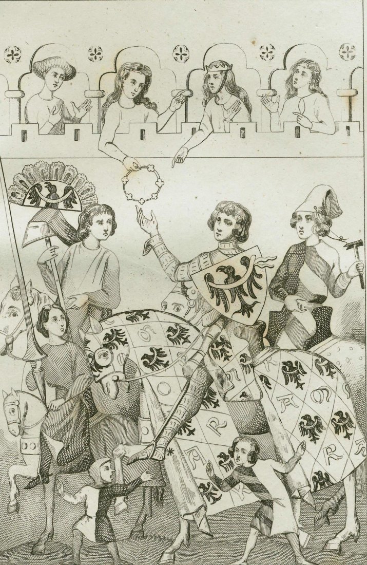 The Tournament Award. Germany. 1841.: Print of steel engraving titled „Le Prix du Tournoi“. Author unknown. Engraved by M. Lesuer. From „Historia de la Alemania por M. Ph. Le Bas. Traducida al castellano por Una sociedad literaria. 