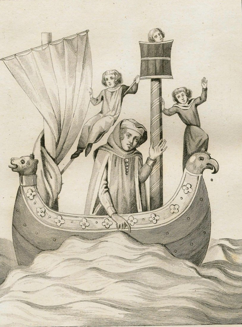Navigation. Germany. 1841.: Print of steel engraving titled „Navigation“. Author unknown. Engraved by M. Lesuer. From „Historia de la Alemania por M. Ph. Le Bas. Traducida al castellano por Una sociedad literaria. Tomo pri