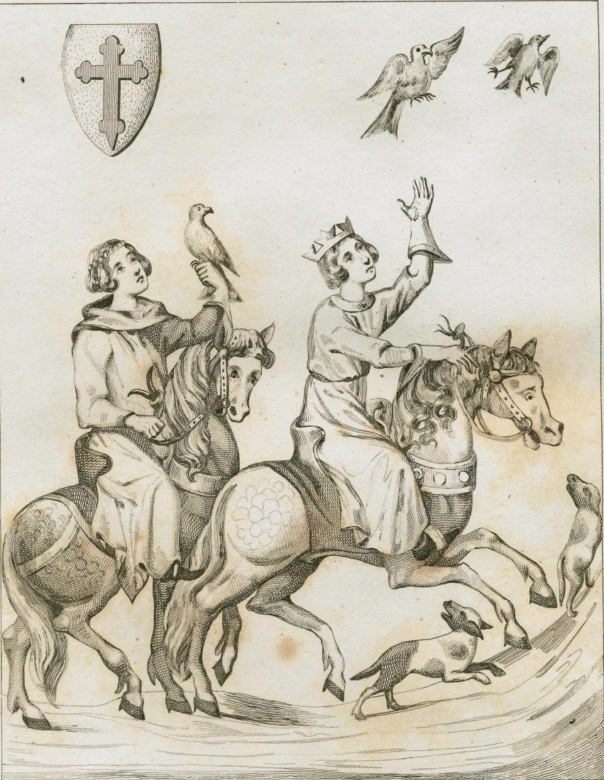 Hunting Birds. Germany. 1841.: Print of steel engraving titled „Chasse aux Oiseaux“. Author unknown. Engraved by M. Lesuer. From „Historia de la Alemania por M. Ph. Le Bas. Traducida al castellano por Una sociedad literaria. 